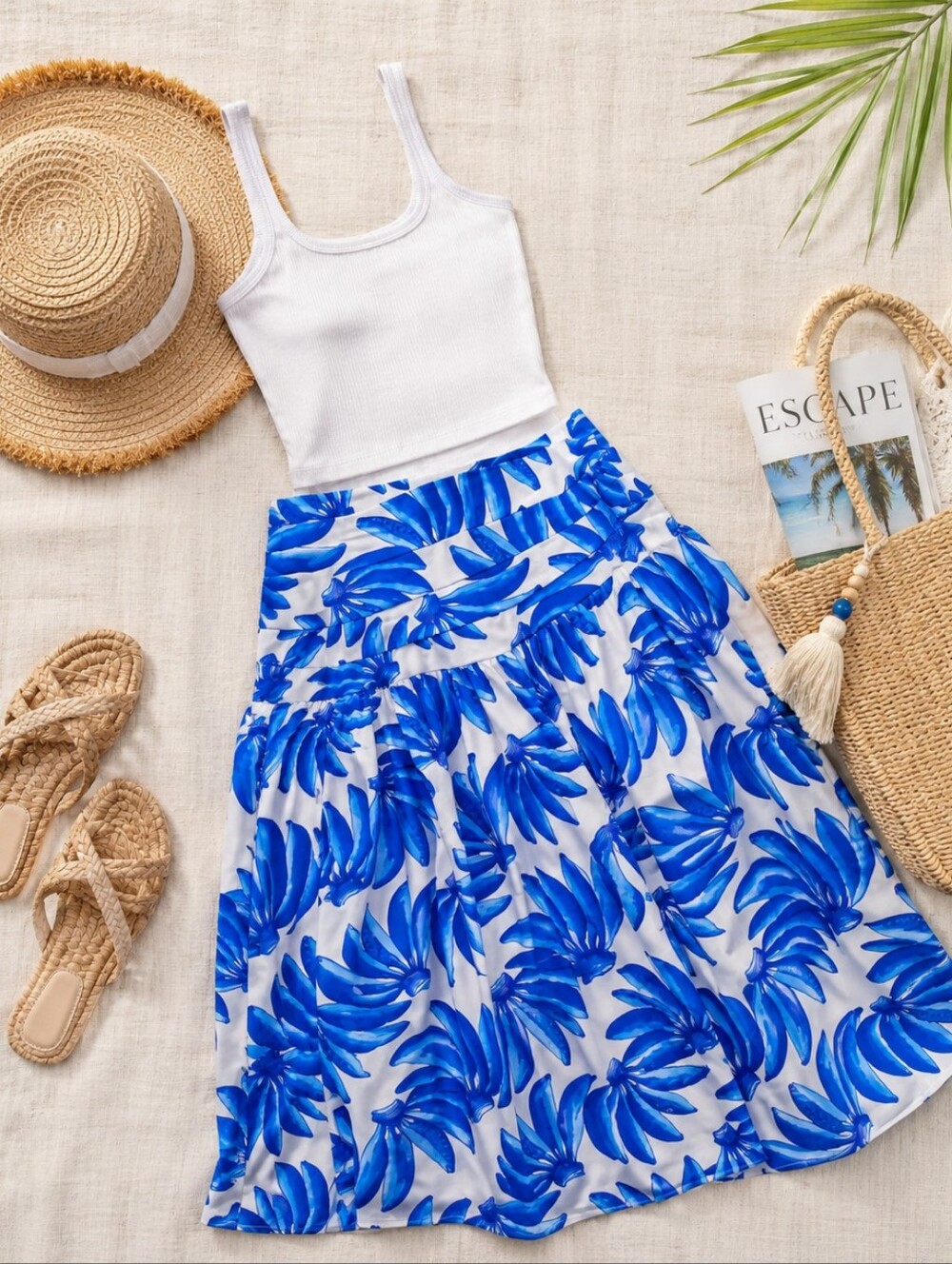 NWT Blue White Tropical Banana Leaf Maxi Skirt XL Cruise Resort Vacation